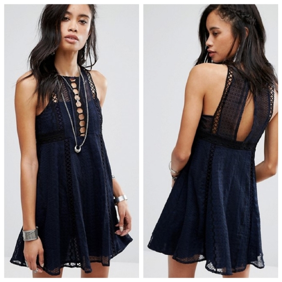 Free People Dresses & Skirts - Free People Wherever You Go Navy Lace Mini Dress